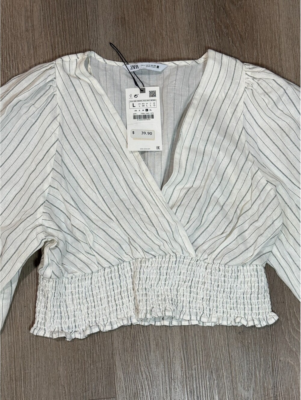 Zara Women's L NWT Ivory Pinstripe Crop Top Smocked Waist Wrap Front Blouse